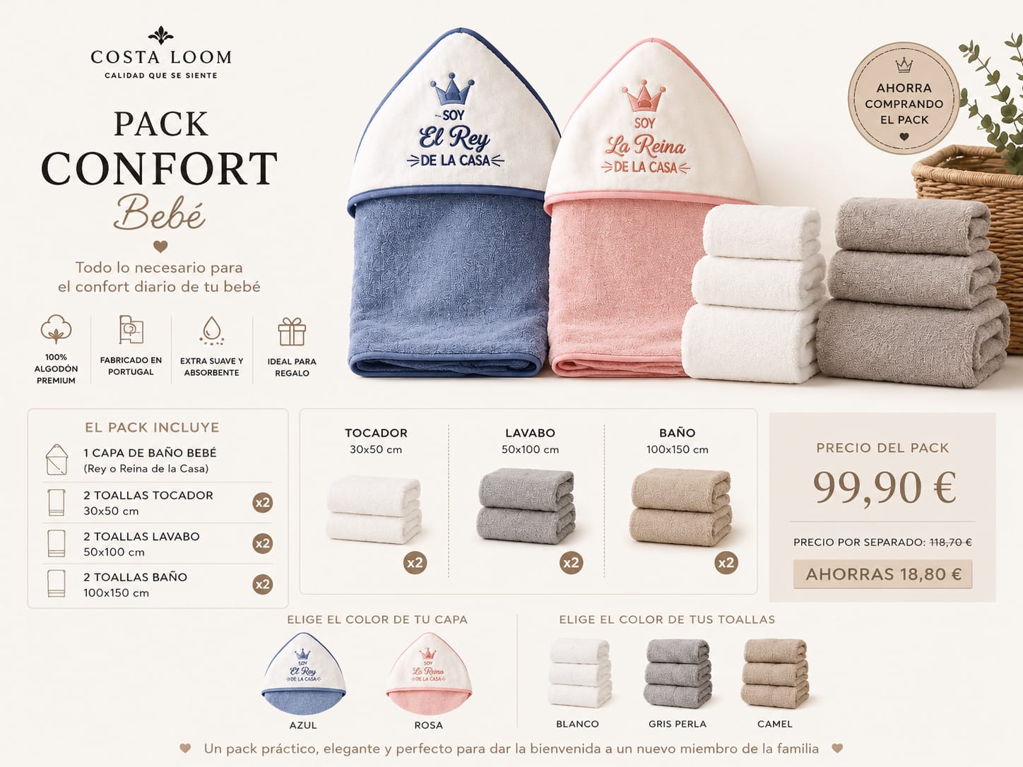 Pack Confort Bebé | Capa de Baño + 6 Toallas Premium | 100% Algodón Portugués