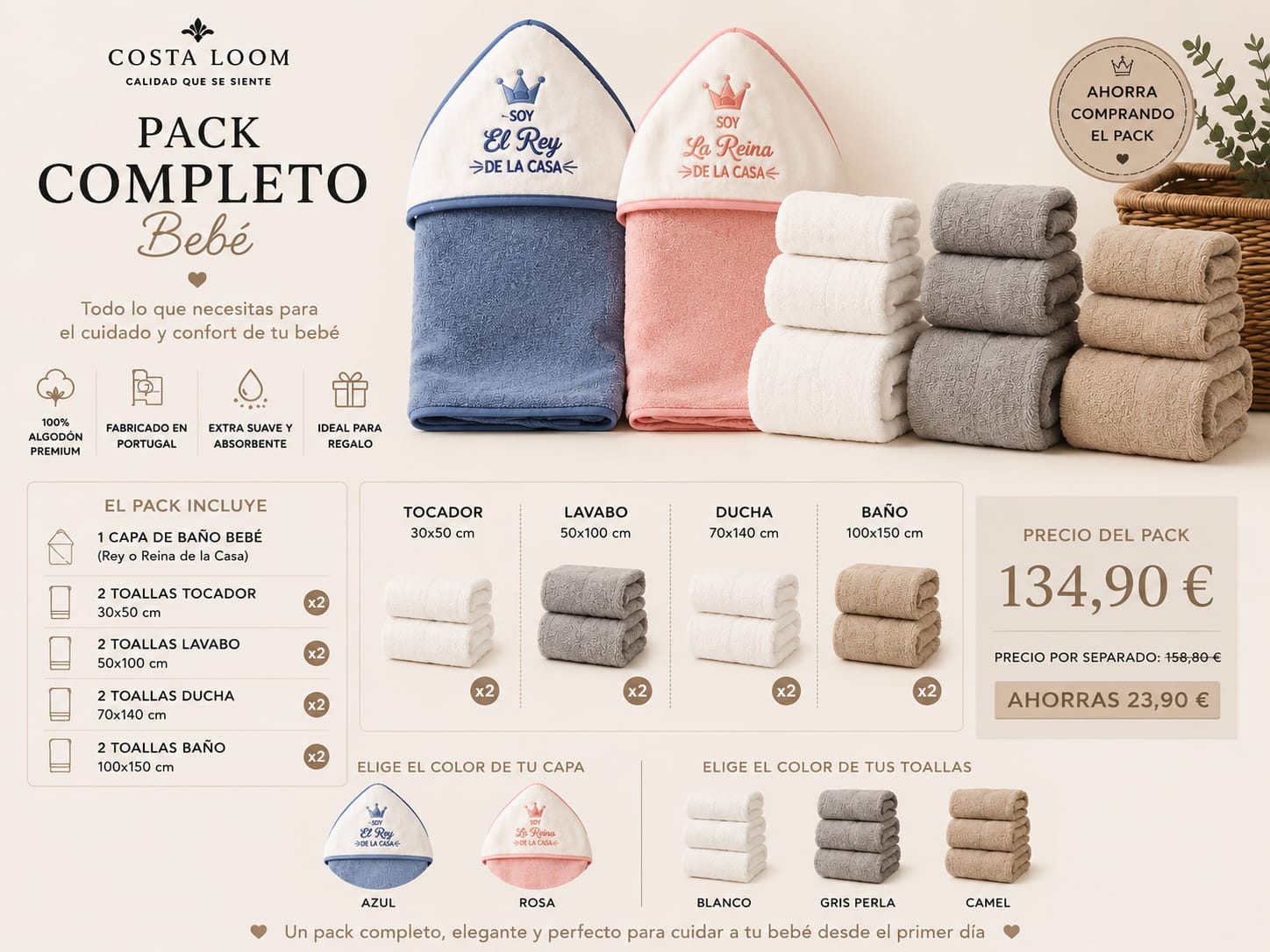 Pack Completo Bebé | Capa de Baño + 8 Toallas Premium | 100% Algodón Portugués