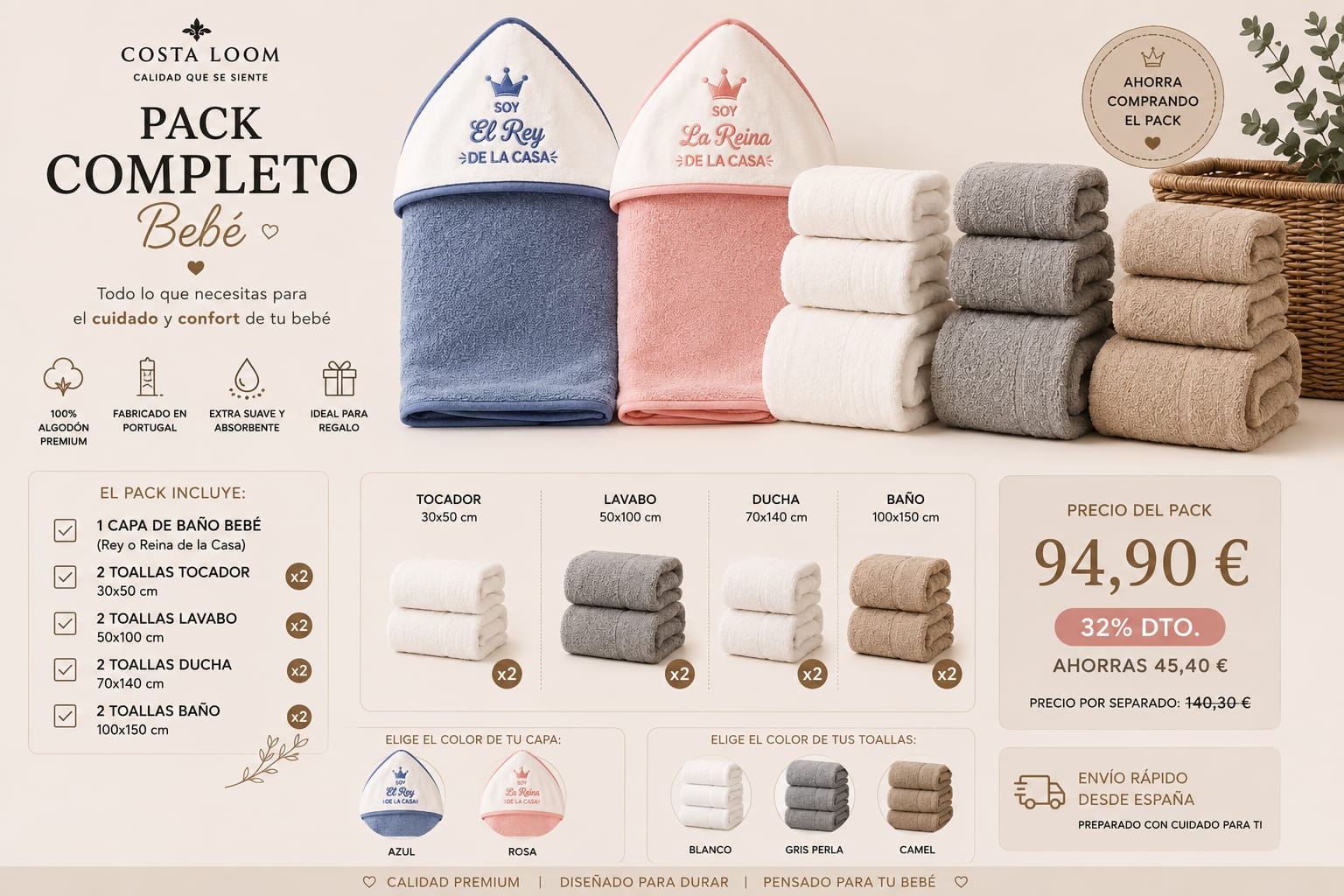 Pack Completo Bebé | Capa de Baño + 8 Toallas Premium | 100% Algodón Portugués