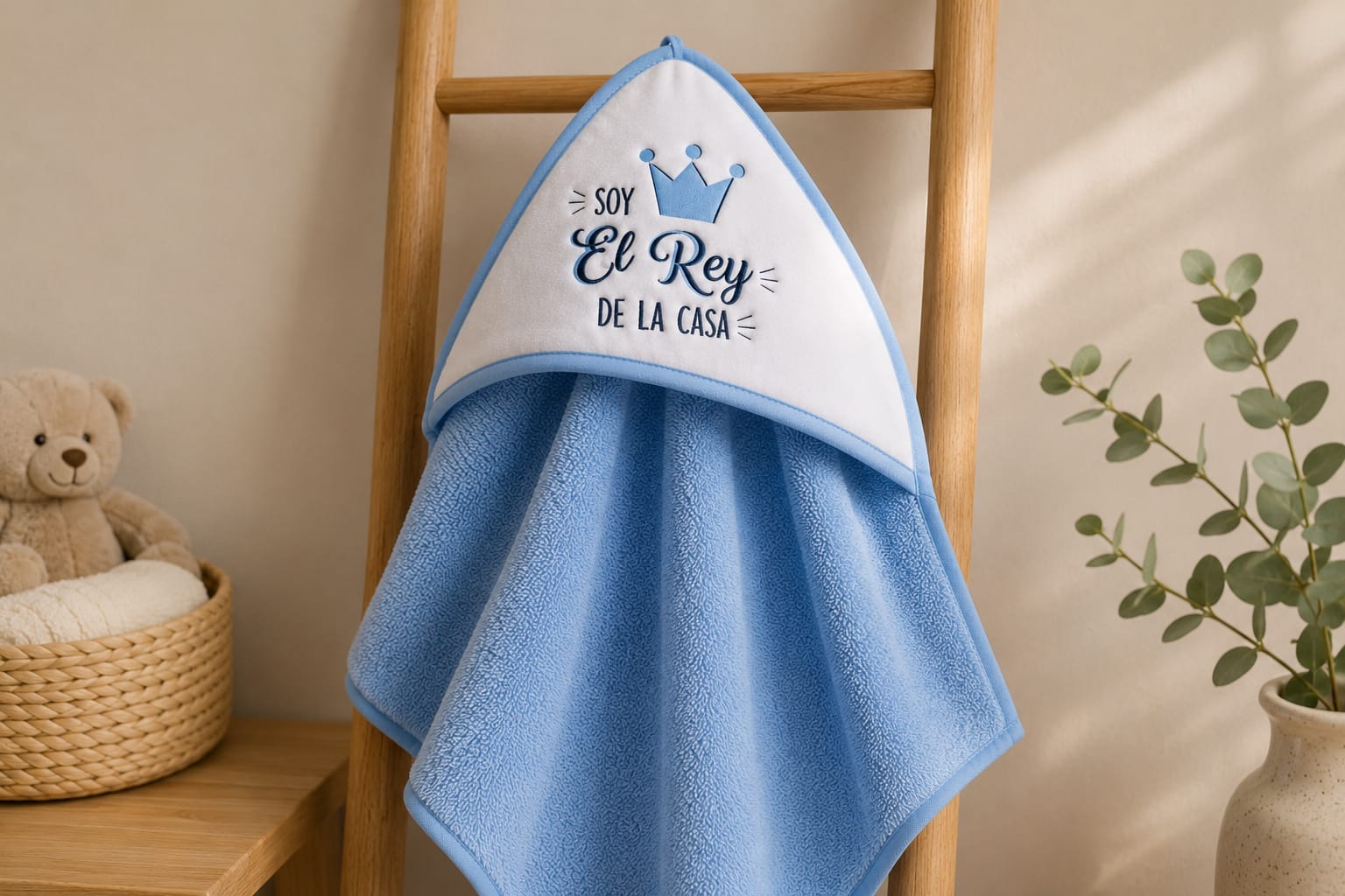 Capa de Baño para Bebé Azul "Soy el Rey de la Casa" | 100 × 100 cm | 100% Algodón
