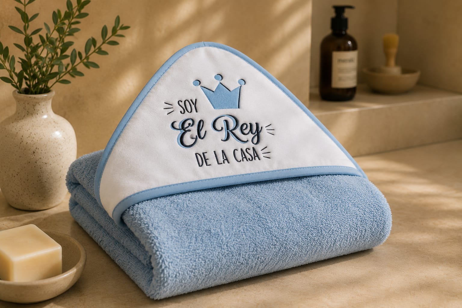 Capa de Baño para Bebé Azul "Soy el Rey de la Casa" | 100 × 100 cm | 100% Algodón