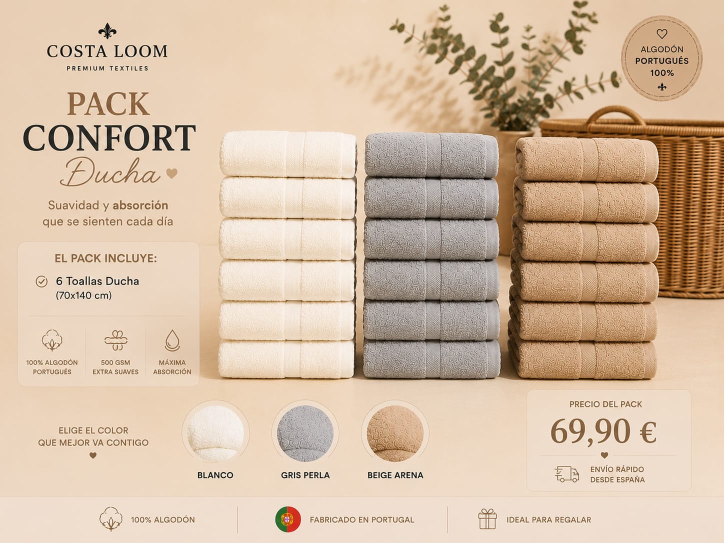 Pack Confort Ducha | 6 Toallas Ducha Premium | 70x140 cm | 100% Algodón Portugués