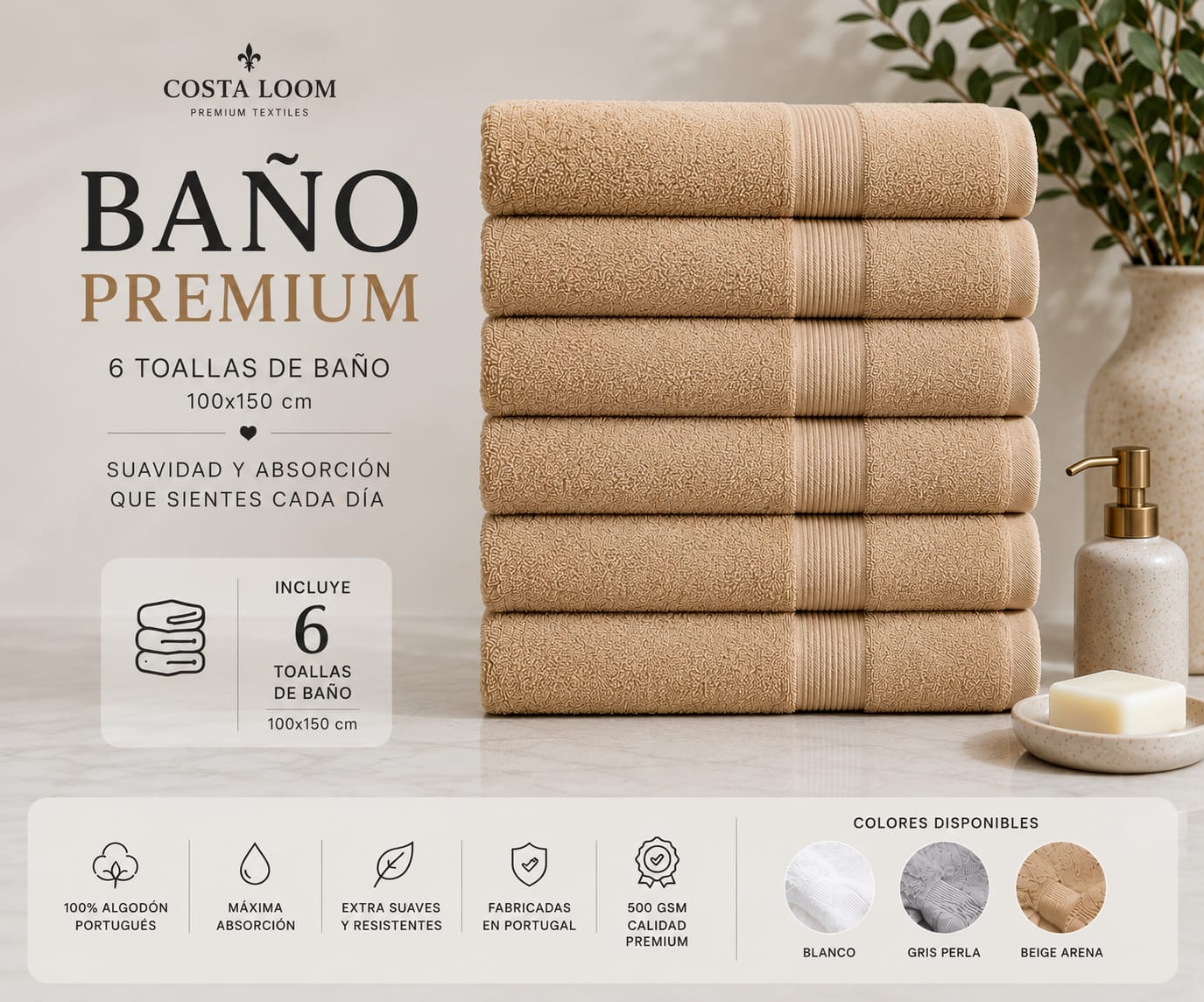 Pack Baño Premium | 6 Toallas de Baño 100×150 cm | 100% Algodón Portugués 500 GSM
