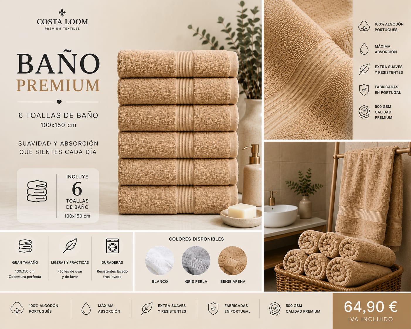 Pack Baño Premium | 6 Toallas de Baño 100×150 cm | 100% Algodón Portugués 500 GSM