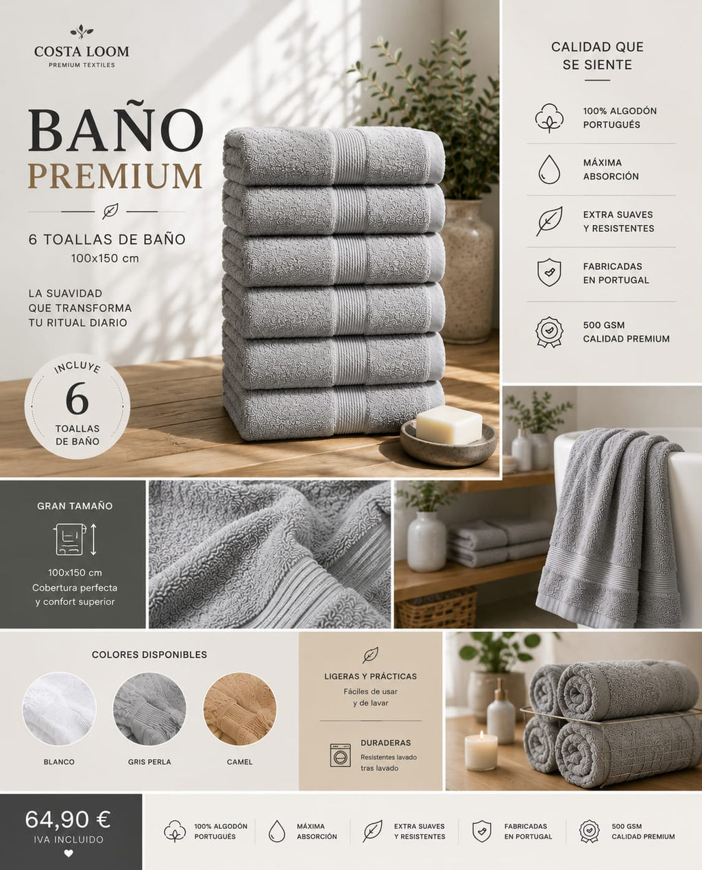 Pack Baño Premium | 6 Toallas de Baño 100×150 cm | 100% Algodón Portugués 500 GSM