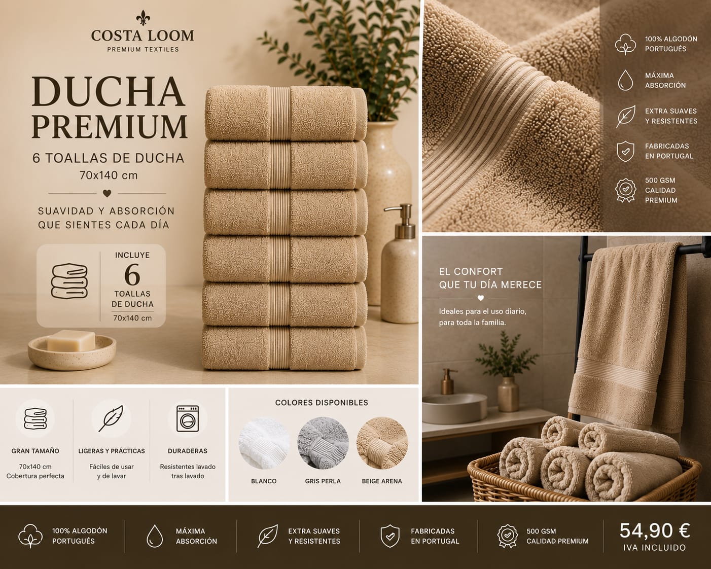 Pack Ducha Premium | 6 Toallas de Ducha 70×140 cm | 100% Algodón Portugués 500 GSM