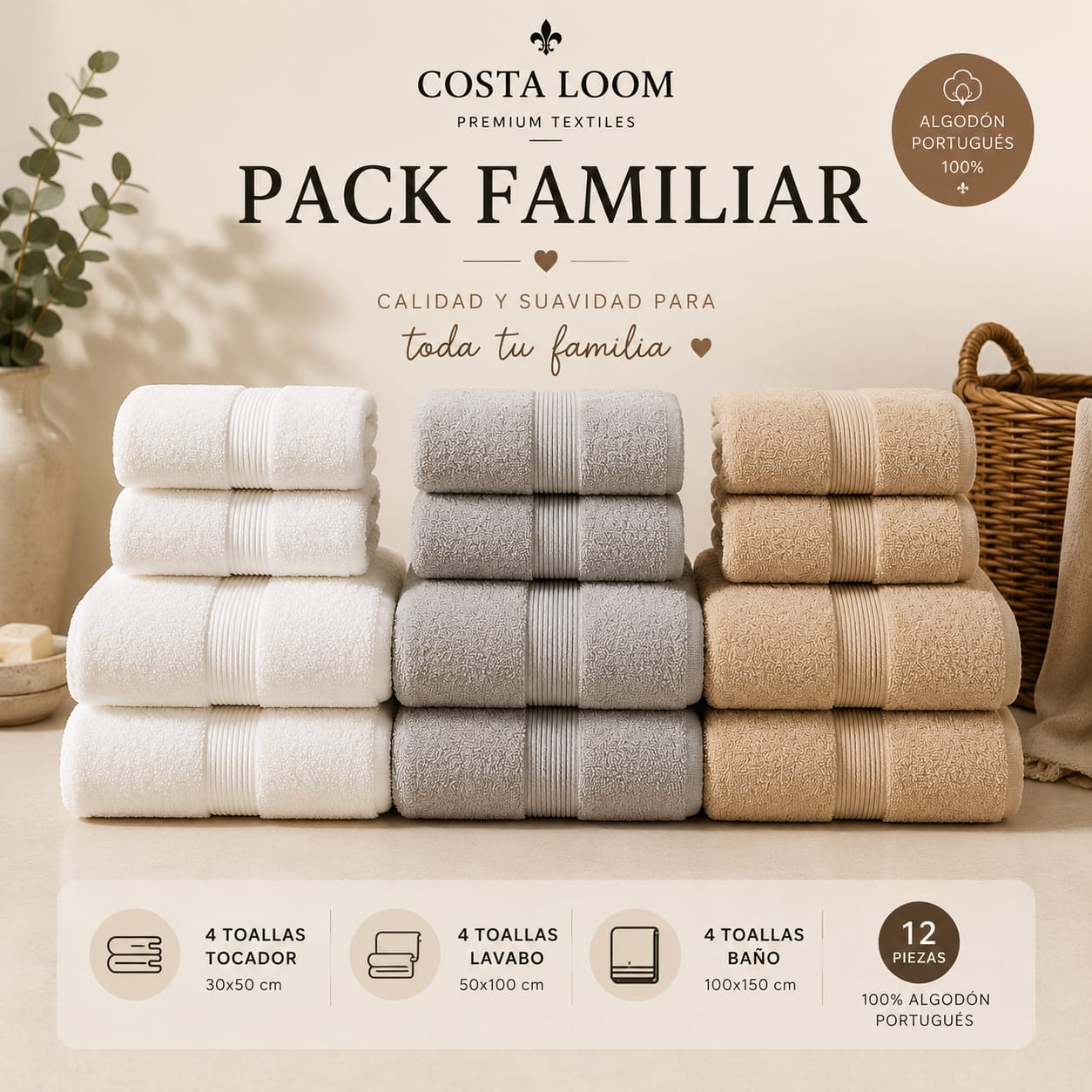 Pack Familiar | 12 Toallas Premium 100% Algodón Portugués 500 GSM | 4 Tocador + 4 Lavabo + 4 Baño
