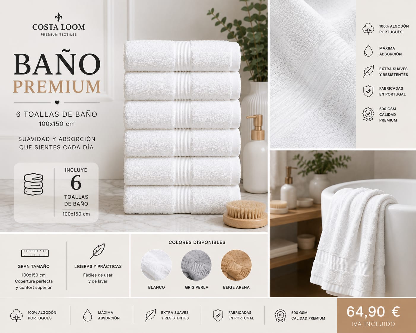 Pack Baño Premium | 6 Toallas de Baño 100×150 cm | 100% Algodón Portugués 500 GSM