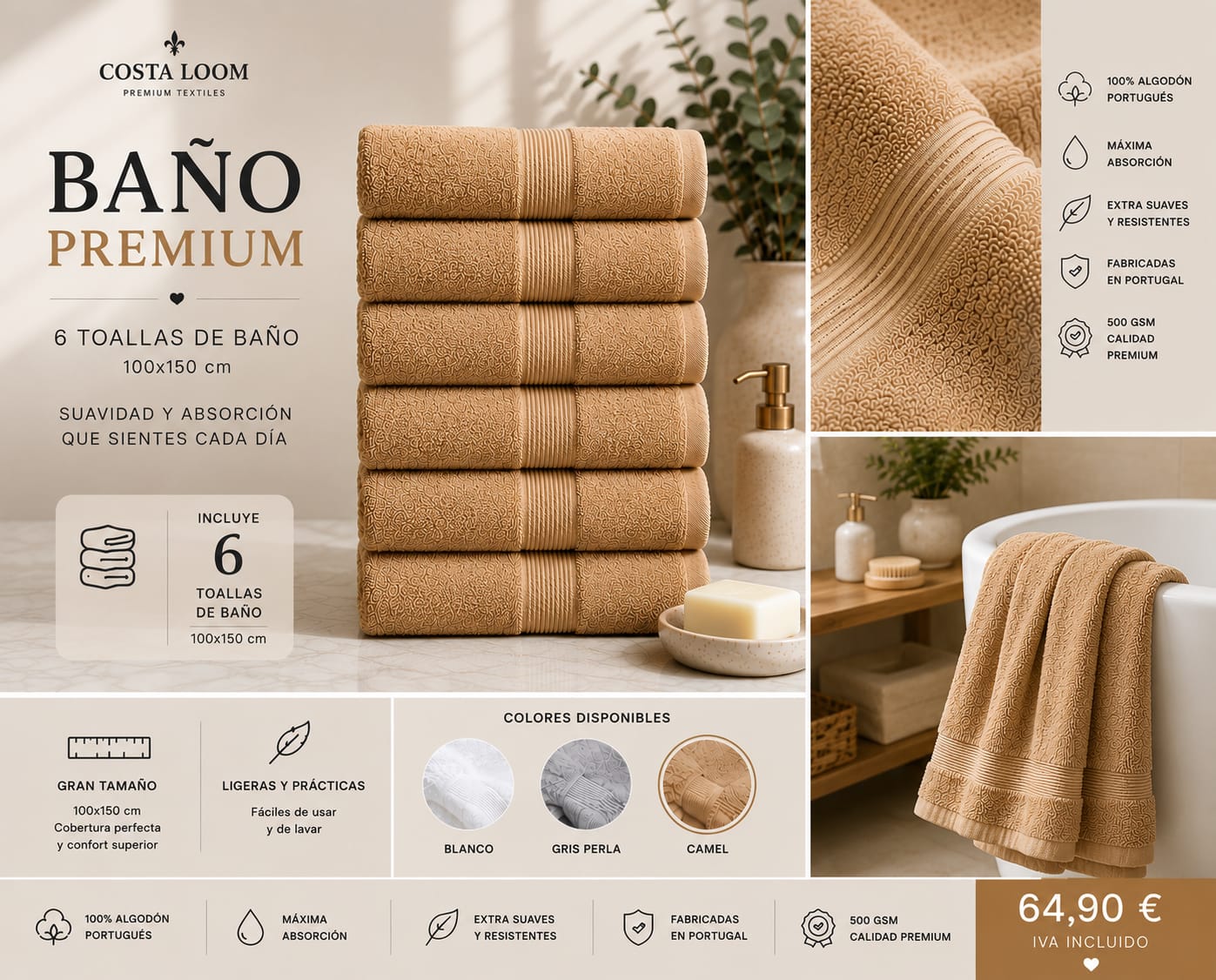 Pack Baño Premium | 6 Toallas de Baño 100×150 cm | 100% Algodón Portugués 500 GSM