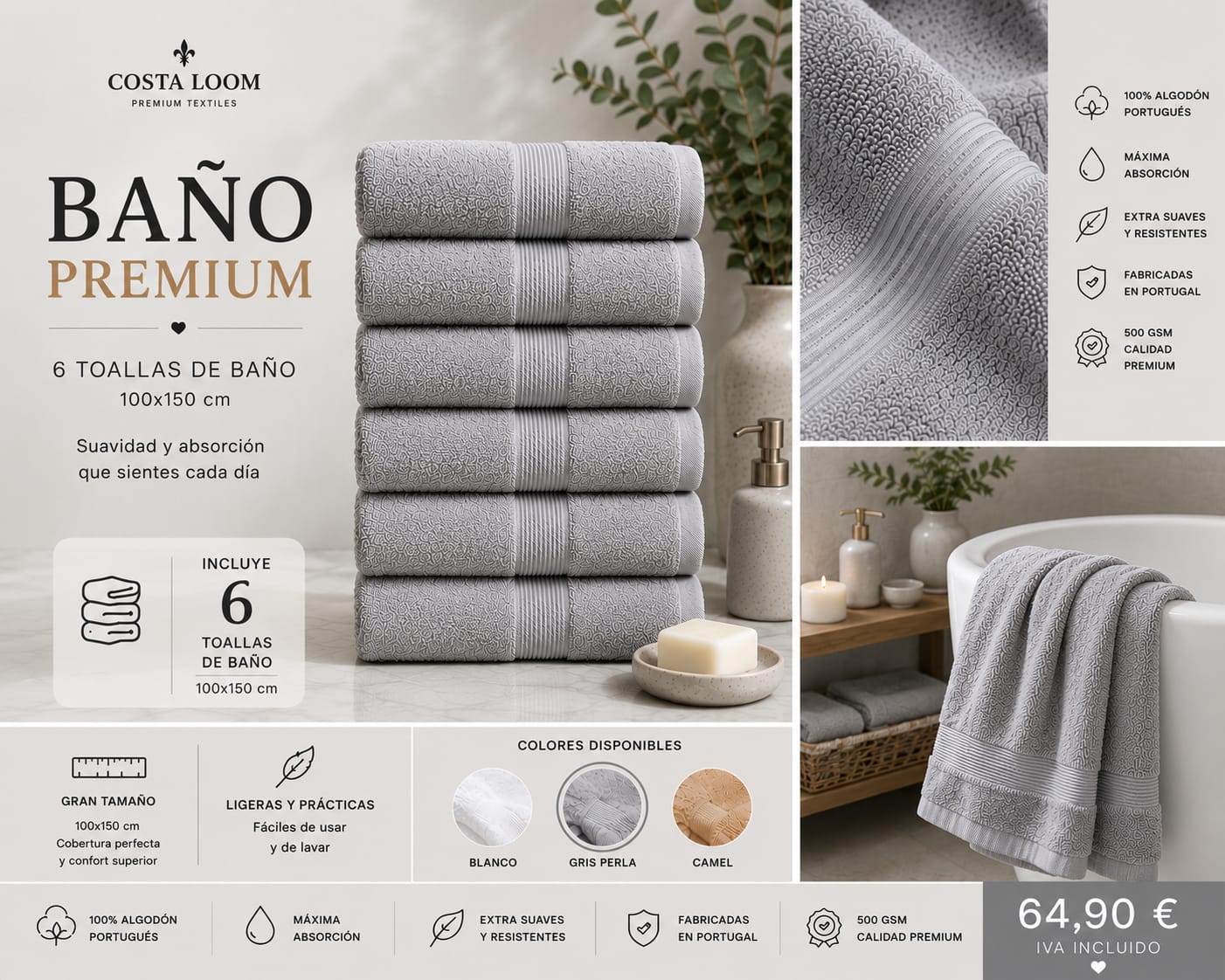 Pack Baño Premium | 6 Toallas de Baño 100×150 cm | 100% Algodón Portugués 500 GSM
