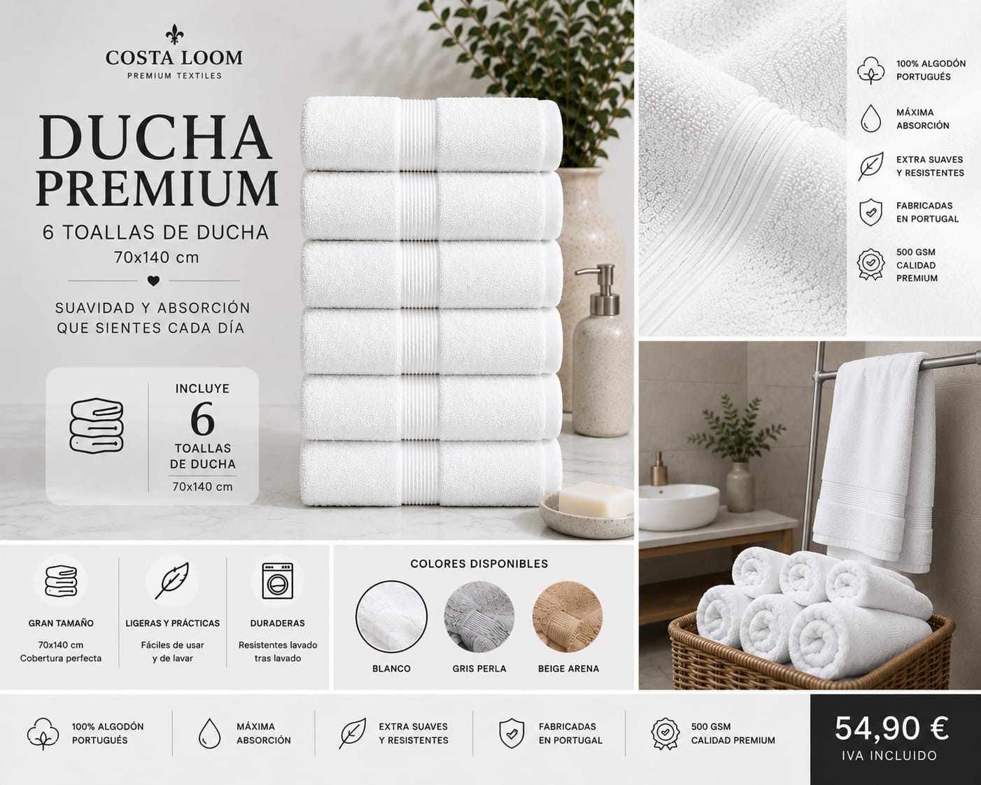 Pack Ducha Premium | 6 Toallas de Ducha 70×140 cm | 100% Algodón Portugués 500 GSM