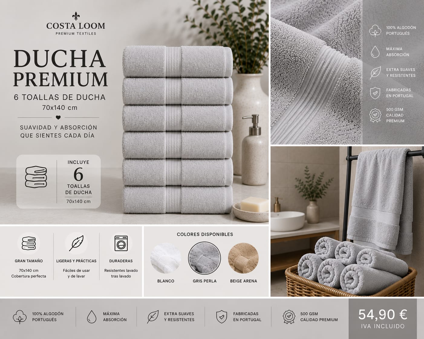 Pack Ducha Premium | 6 Toallas de Ducha 70×140 cm | 100% Algodón Portugués 500 GSM