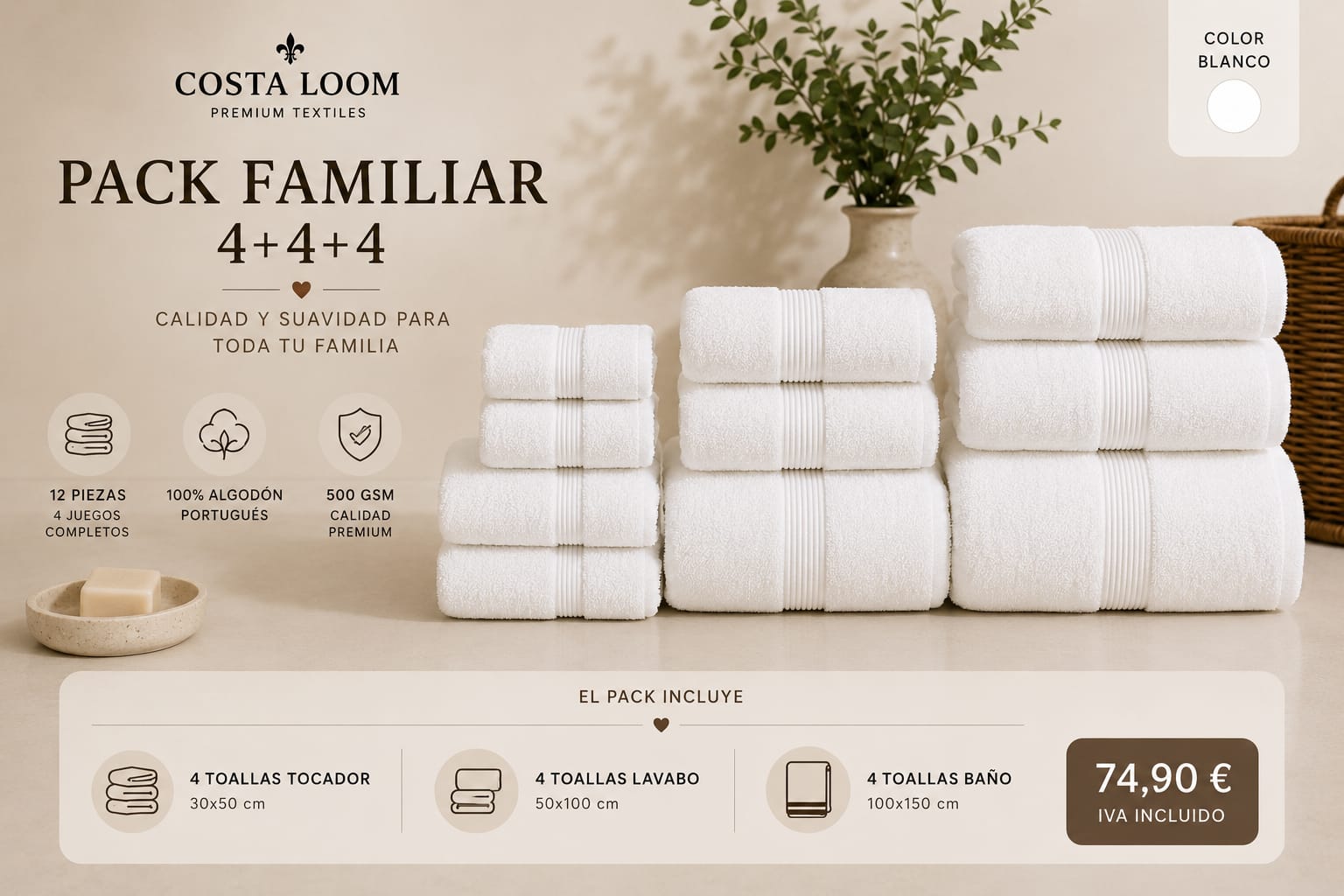 Pack Familiar | 12 Toallas Premium 100% Algodón Portugués 500 GSM | 4 Tocador + 4 Lavabo + 4 Baño