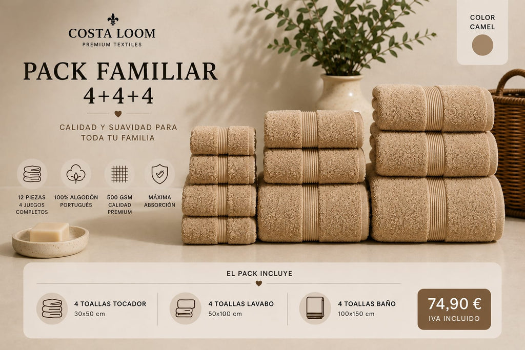 Pack Familiar | 12 Toallas Premium 100% Algodón Portugués 500 GSM | 4 Tocador + 4 Lavabo + 4 Baño
