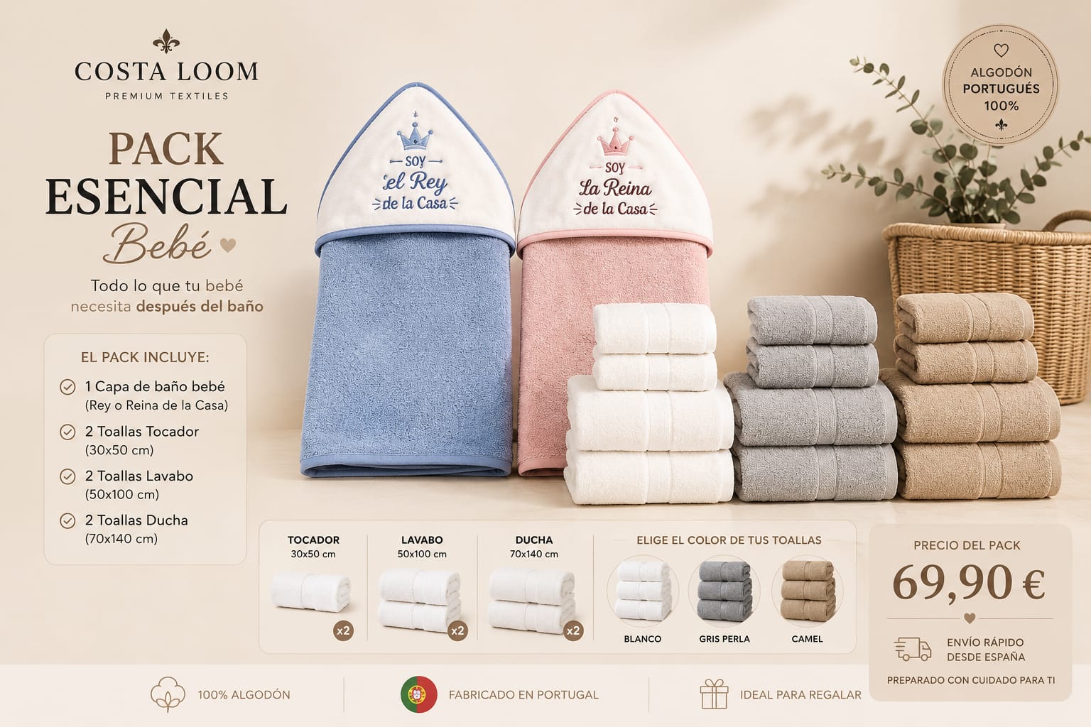 Pack Esencial Bebé | Capa de Baño + Juego de Toallas Premium | 100% Algodón