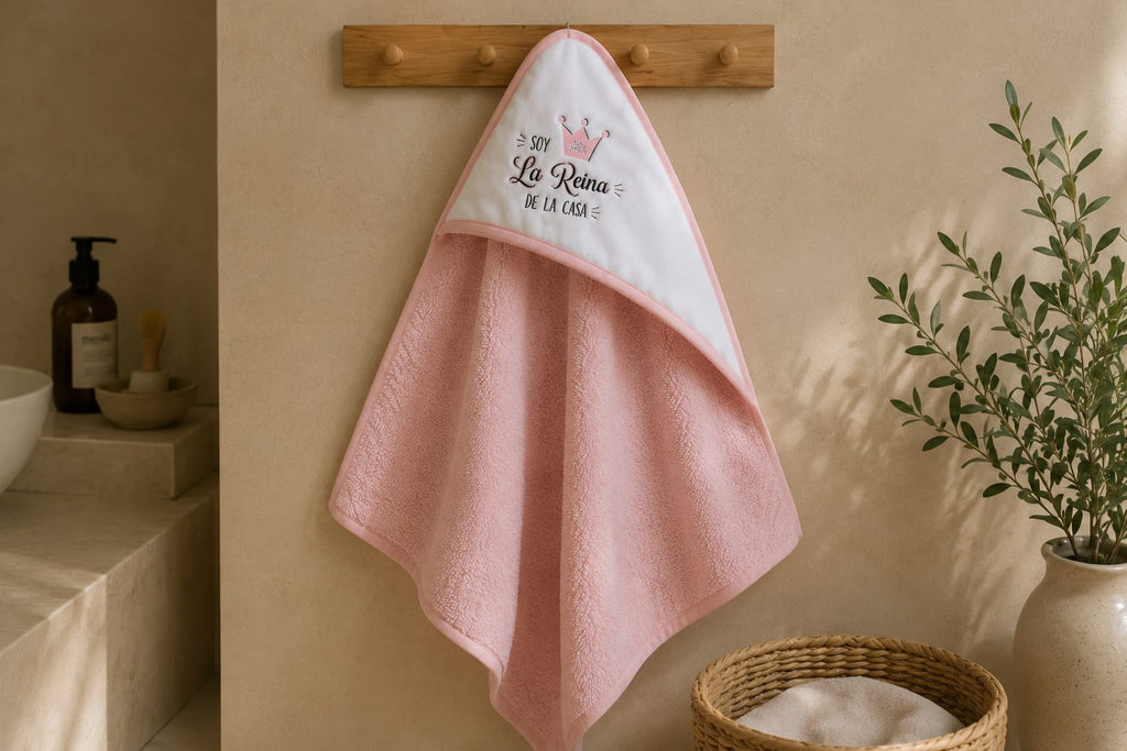 Capa de Baño para Bebé Rosa "Soy la Reina de la Casa" | 100 × 100 cm | 100% Algodón