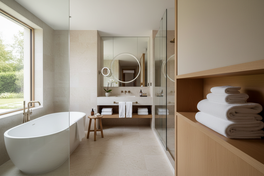 Baño de hotel de lujo con toallas blancas