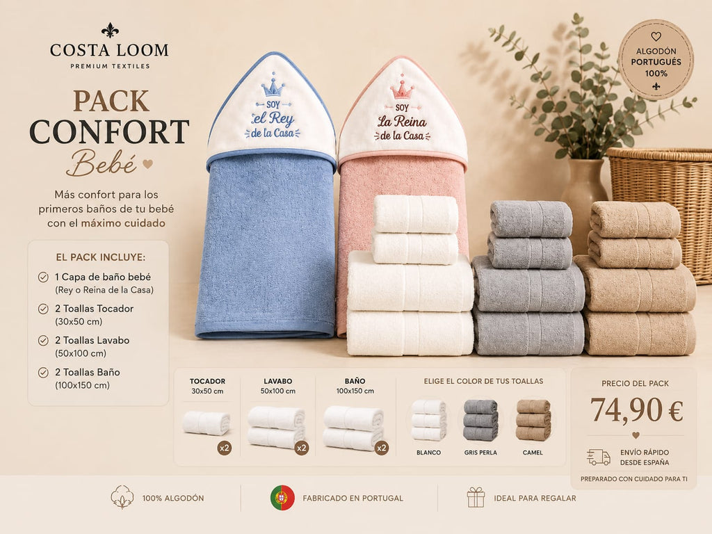 Pack Confort Bebé | Capa de Baño + 6 Toallas Premium | 100% Algodón Portugués