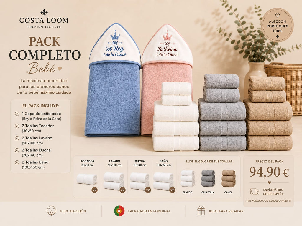 Pack Completo Bebé | Capa de Baño + 8 Toallas Premium | 100% Algodón Portugués